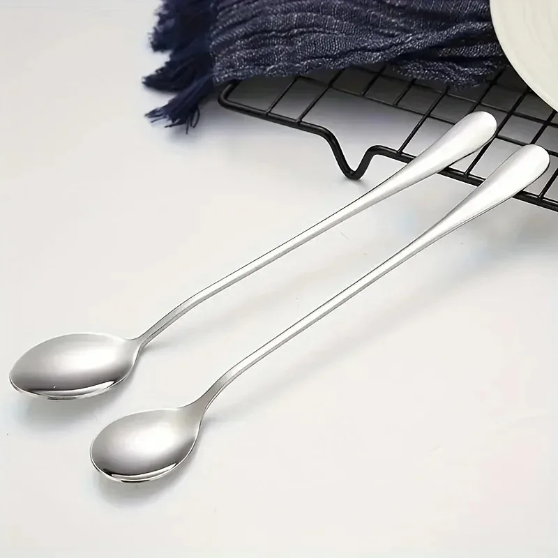 6Pcs long handled spoons, thickened stainless steel coffee spoons, pointed mixing spoons, round spoons, and ice spoons