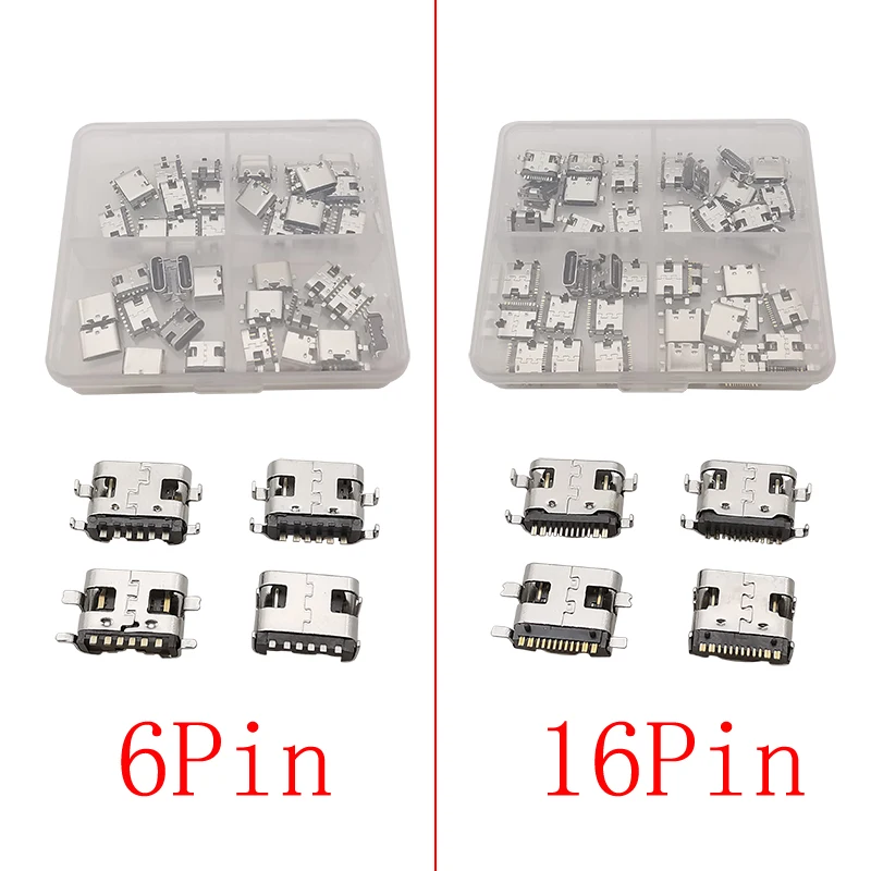 40Pcs USB Type C Female 6 P / 16 Pin Jack Connectors SMD SMT PCB Soldering Charging Port DIY Repair Type-C USB-C Socket Adapter