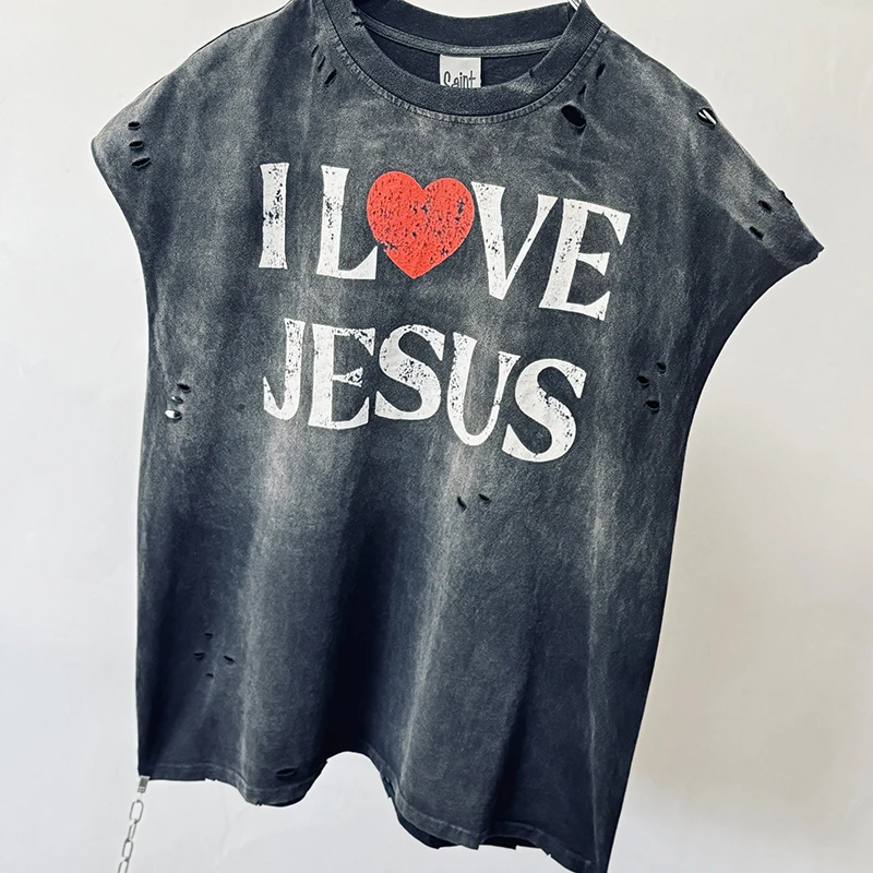 26ss Sumemr Men New Saint Sleeveless T-shirts Vest I Love Jesus Letter Print Worn-out Ripped Design Washed Black Top Tees