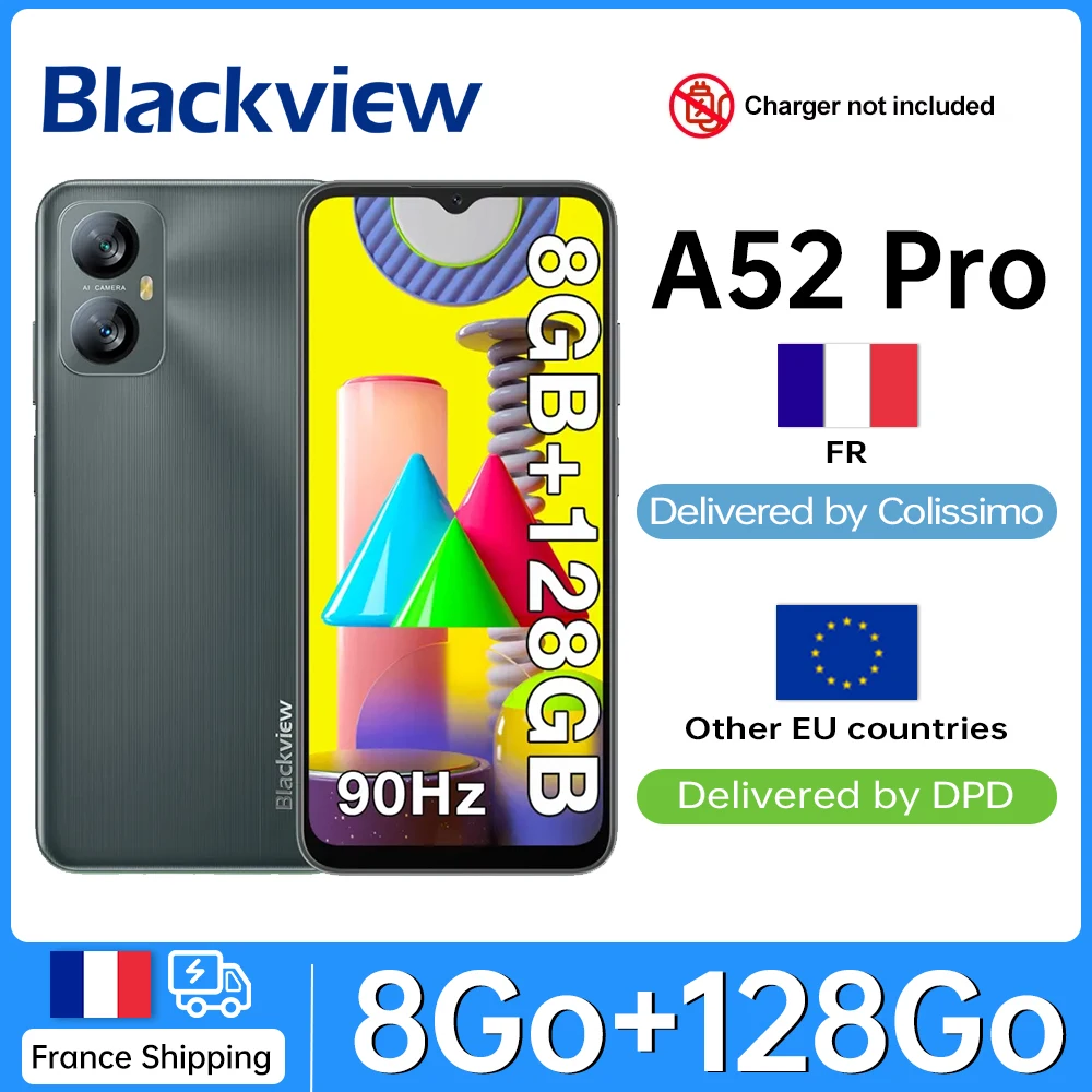 Blackview A52 Pro [بدون شاحن الاتحاد الأوروبي] هاتف ذكي 8 جيجابايت (4+4) 128 جيجابايت بشاشة 6.5 بوصة HD + شاشة 5180 مللي أمبير في الساعة 13 ميجابكسل 4G Android 13 ثنائي الشريحة