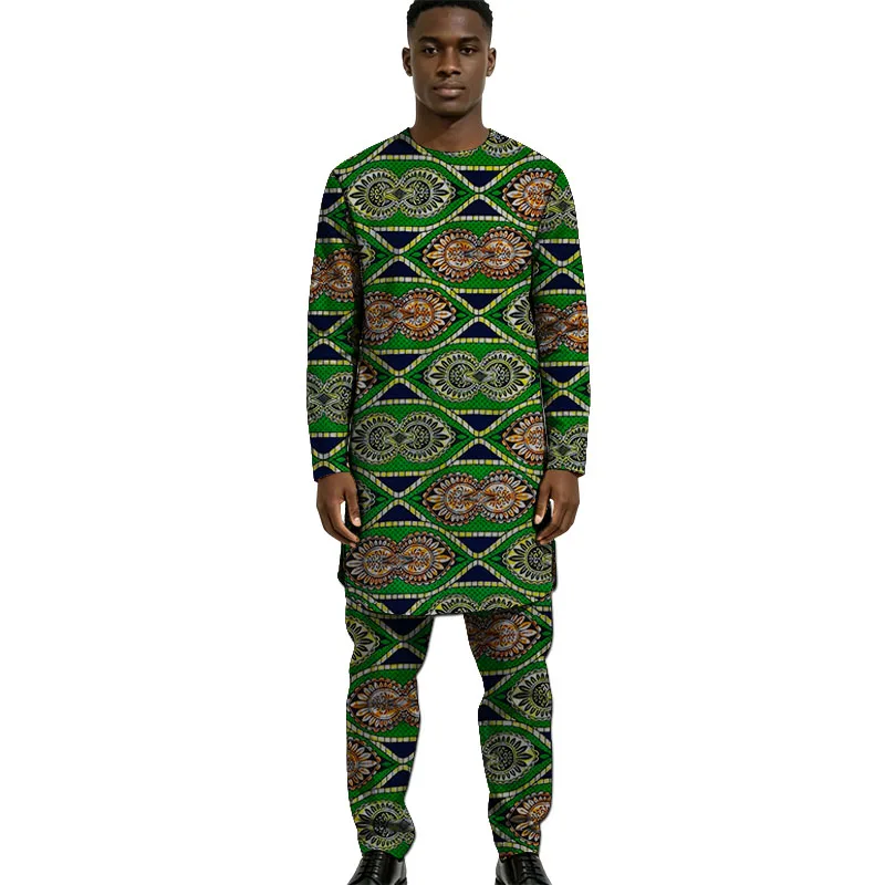 African Print Couture Men's Set Long Shirt & Pant Traditional Outfits Male Wedding/Party Groom Suit
