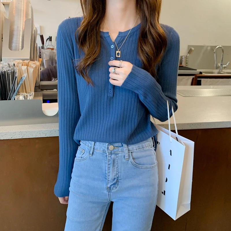

Korean Knitted Sweater Women Casual Slim Fit Long Sleeve Round Neck Solid Color Basic Top Autumn Winter Versatile Outerwear