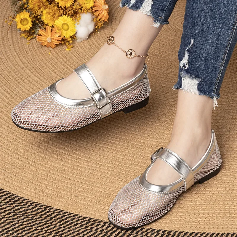 Spring Women's Round Head Mesh Hollow Shoes - One-Word Buckle, Comfortable Ballet Flats & Fishing Net Design