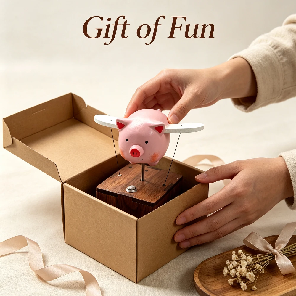 Cute Handmade Wooden Dancing Pig Figurine, Aesthetic Tabletop Statue, Healing Desktop Decor, Unique Gift for Home & Office