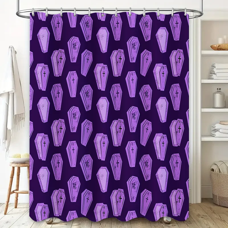 Gothic Coffin Shower Curtain Purple Halloween Decor Dark Academia Aesthetic Horror Room Divider Spooky Vibes Macabre Home Decor