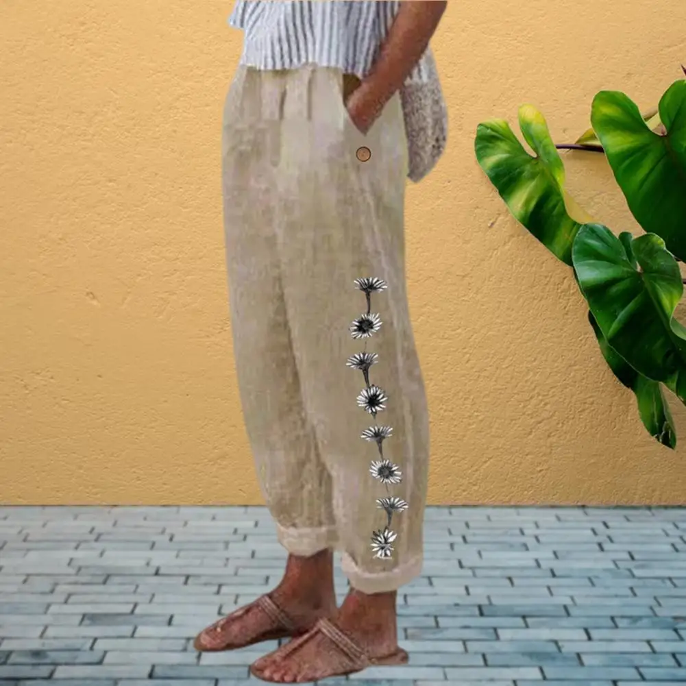 

Women Trousers Linen Cotton Vintage Flower Pattern Harem Pants Elastic Waist Sweatpants Mid Waisted Summer Fashion Sweatpants