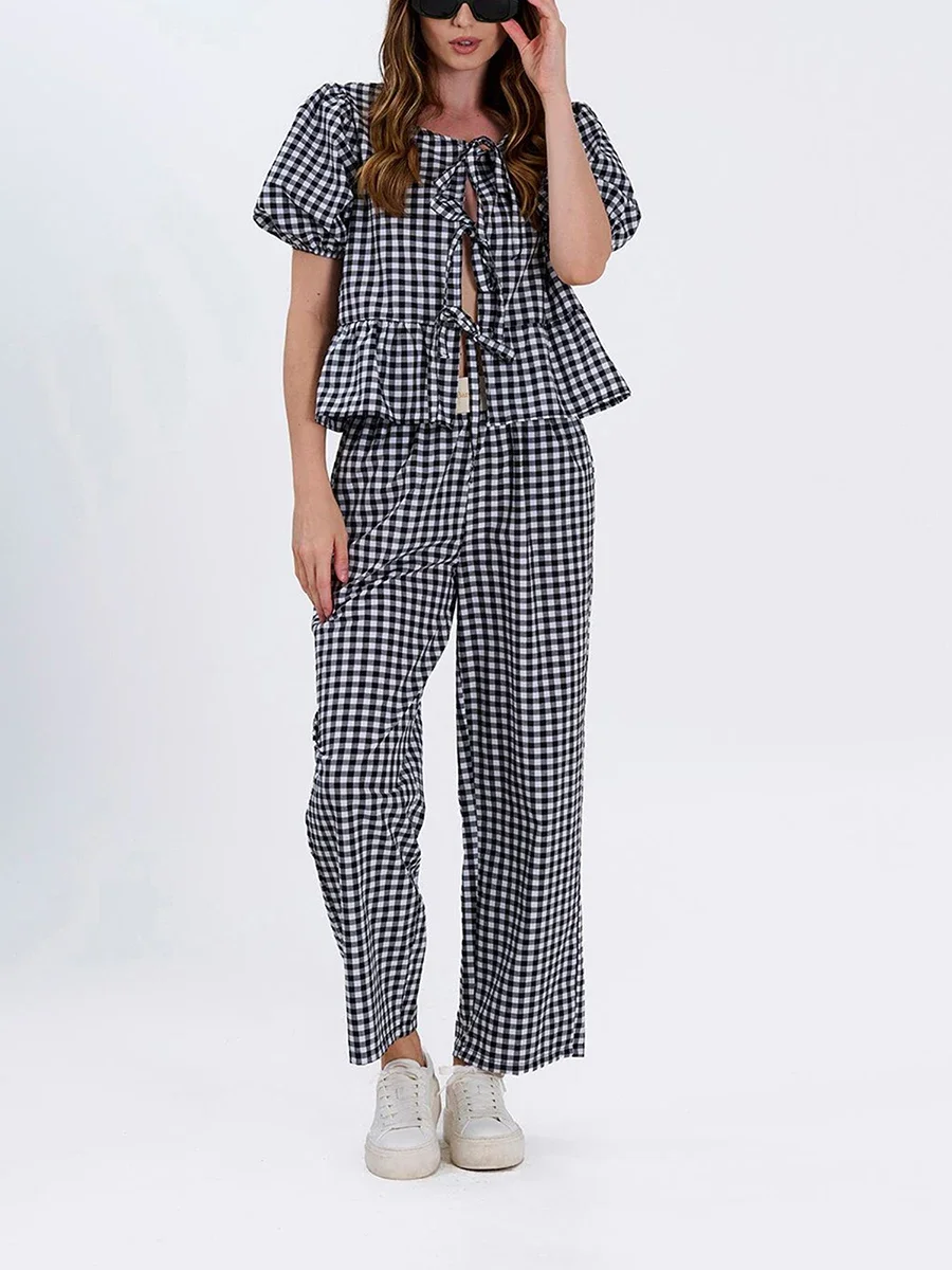 Casual Gingham Print Pantsuits Tied Front Puff Sleeve Peplum Top & Loose Pants Outfits Women\'s Lounge Clothing