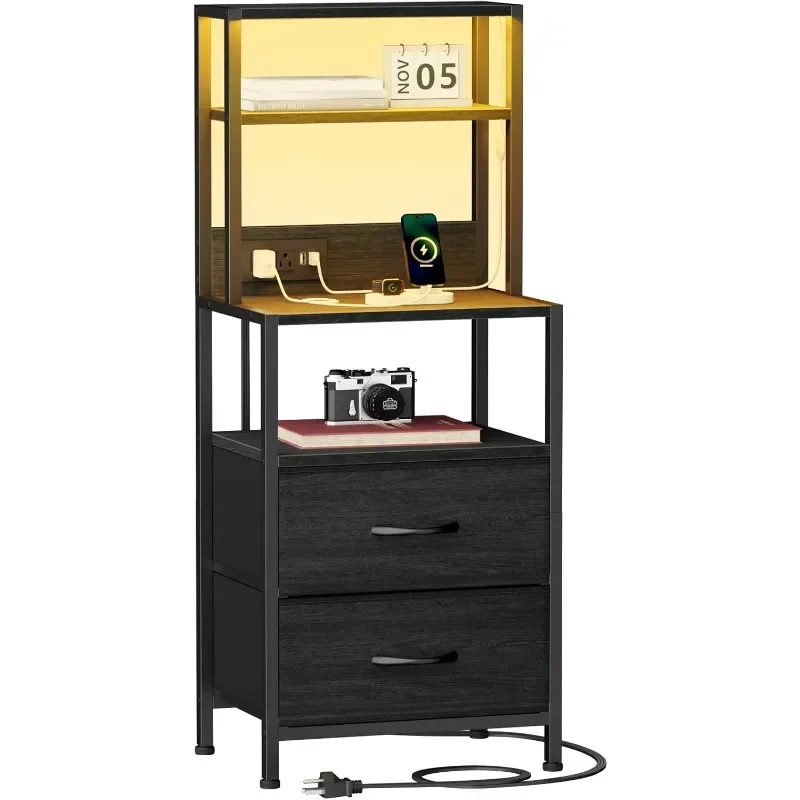 Tall Nightstand with Light Tube and Charging Station, Night Stand with 2 Drawers for Bedroom, Home Office, Dorm, Bedside Table