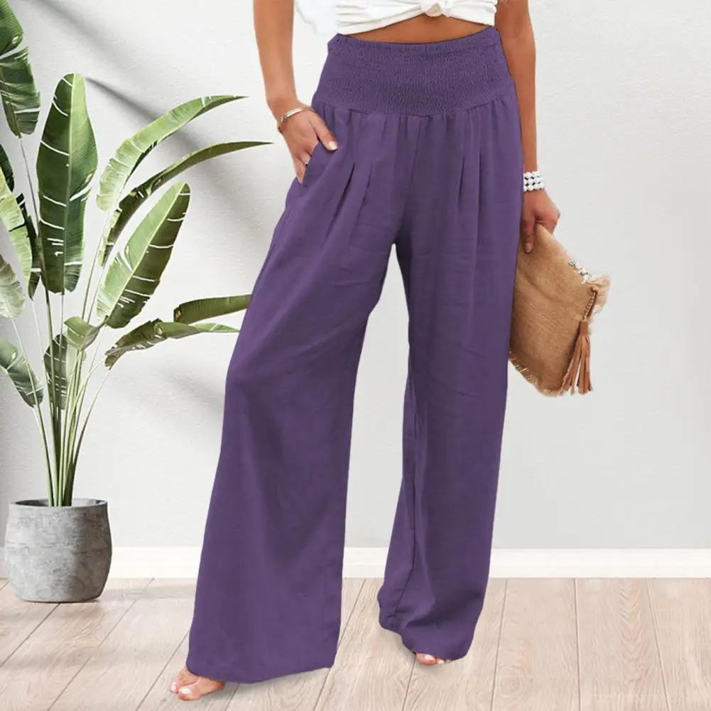 Women Summer Pants Solid Color Wide Leg Mid Elastic Waist Full Length Loose Soft Breathable Lady Pockets Trousers Sweatpants