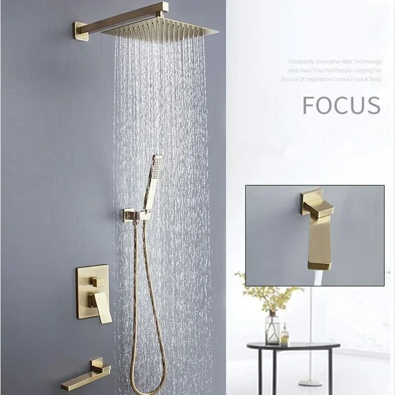 Brushed Gold Bathroom Set Square Rainfall Faucet Wall or Ceiling Wall Mounted Shower Mixer 8-12