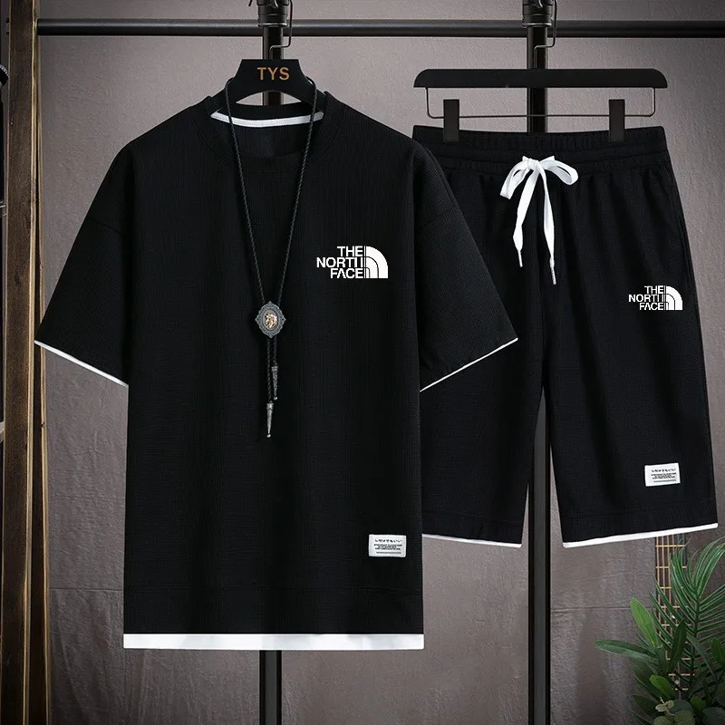

2026 waffle print 2-piece men's shorts set summer sportswear men's fashion clothing Harajuku style fashionable loose sportswear