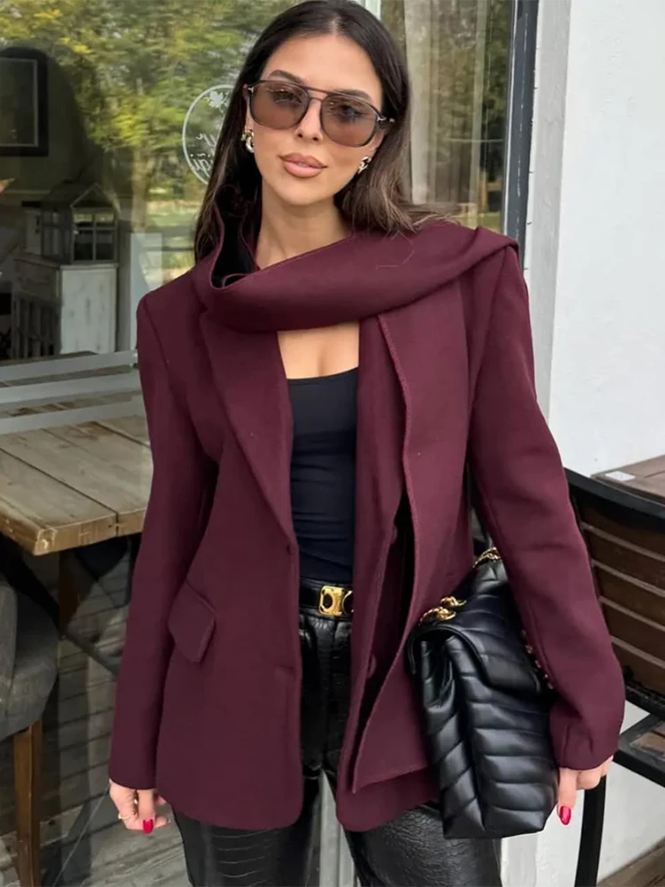 Trendix Scarf Collar Burgundy Blazer Woman Vintage Elegant Long Sleeve Loose Jackets Femme 2025 Casual Office Wear Women Coats