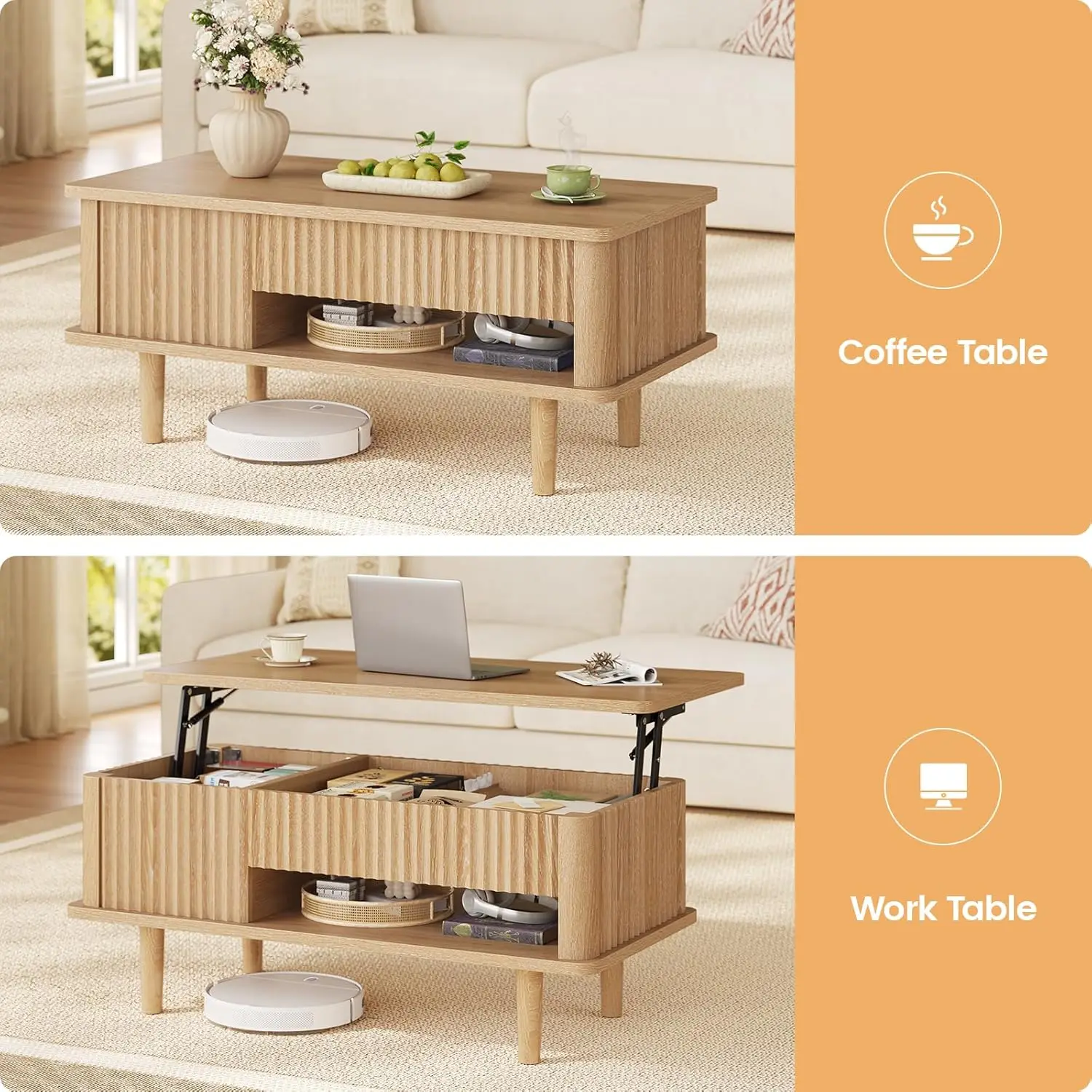 طاولة قهوة مخددة مجمعة بالكامل، سطح رفع، طاولة مركزية خشبية، طاولة قهوة حديثة مع حجرة مخفية ورف مفتوح، f #6