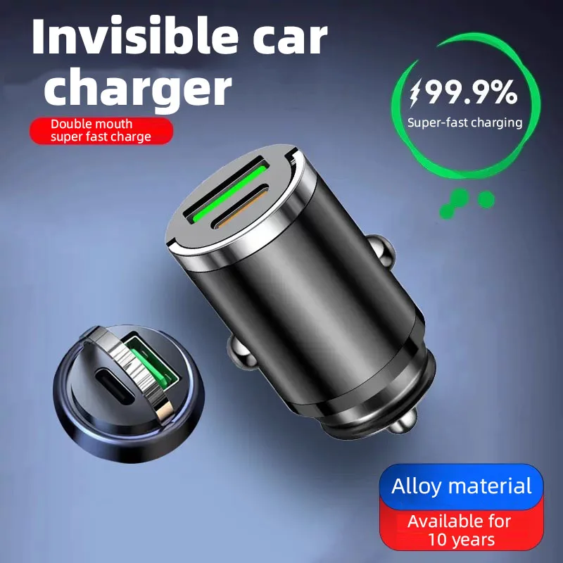 Car Charger Super Fast Charging Head Mini Invisible Car Charger Car Cigarette Lighter One To Two Conversion Plug USB Car Charger