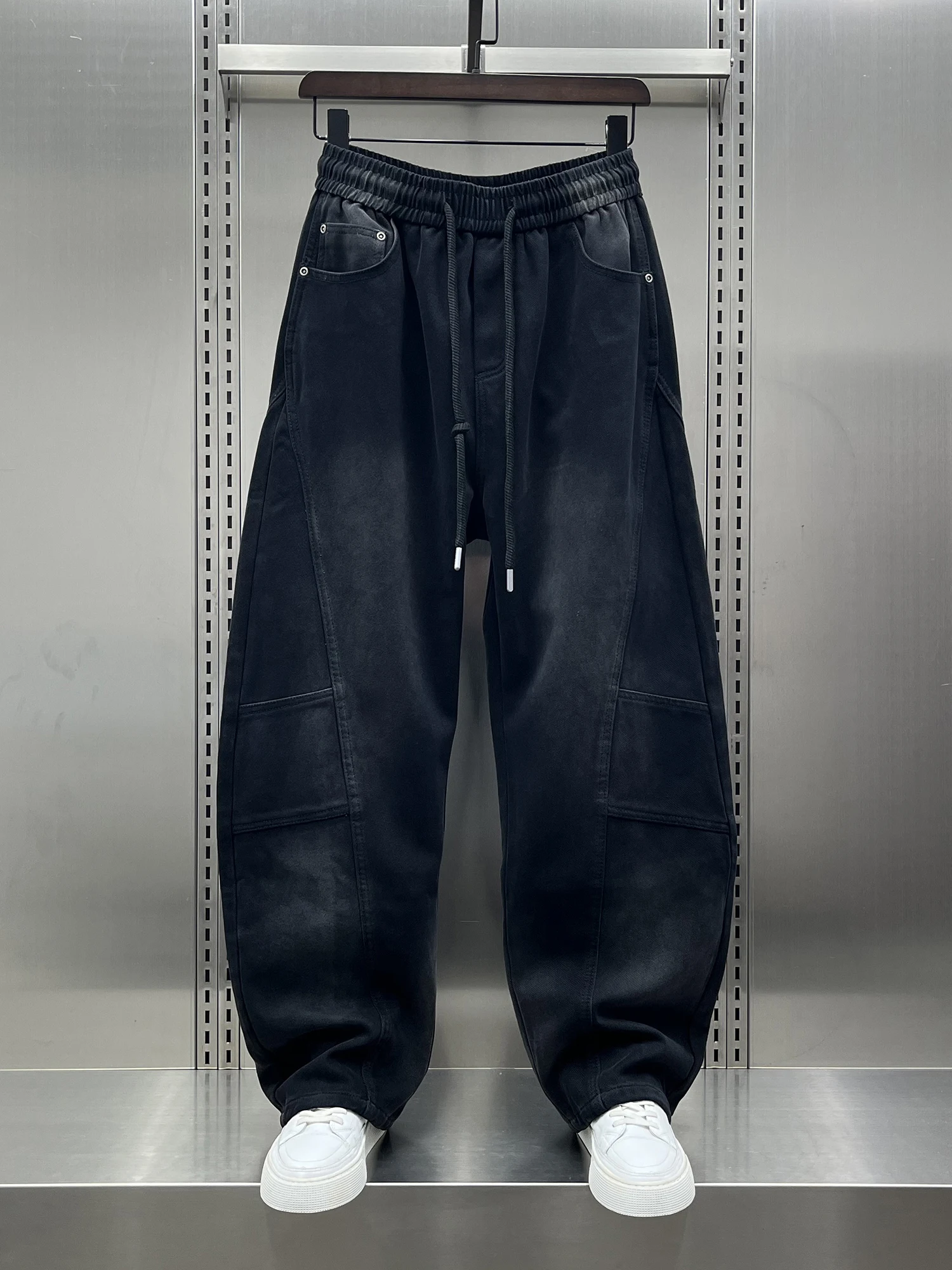 

Faionable Fce Lined Casual Men's Denim Pants Wide Leg Patchwork Loose Fit Autumn Winter Trendy American Sle Knife