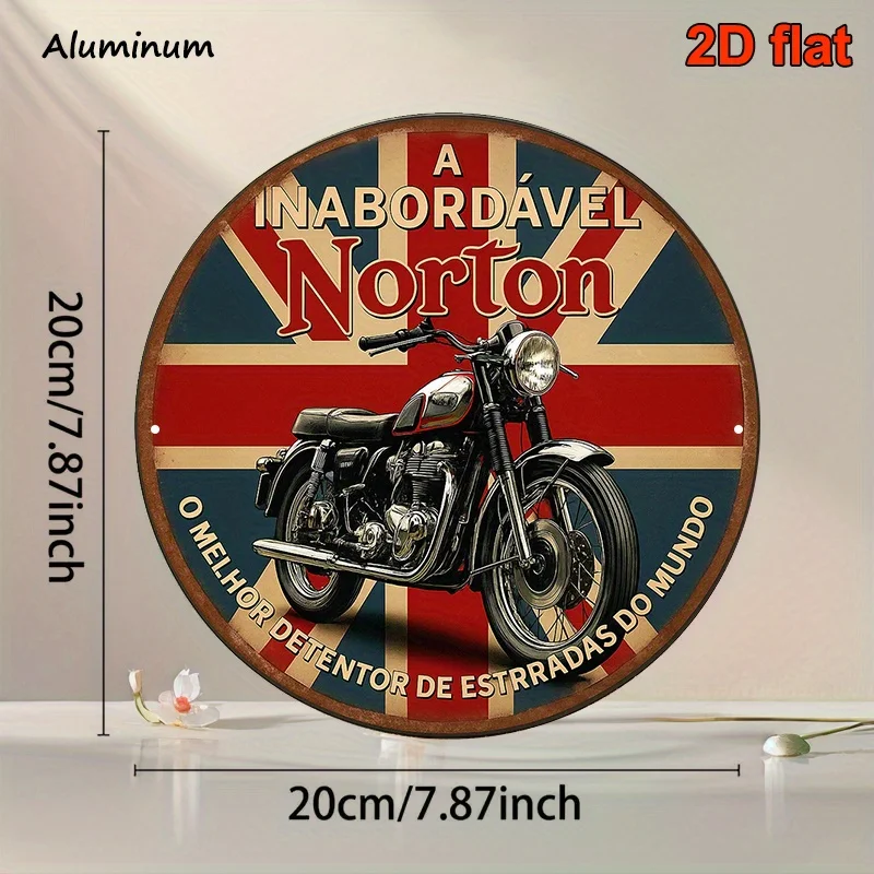 2D Flat, Round Portuguese Aluminum Sign, a Decorative Plaque Related to Vintage Norton Motorcycle Posters,