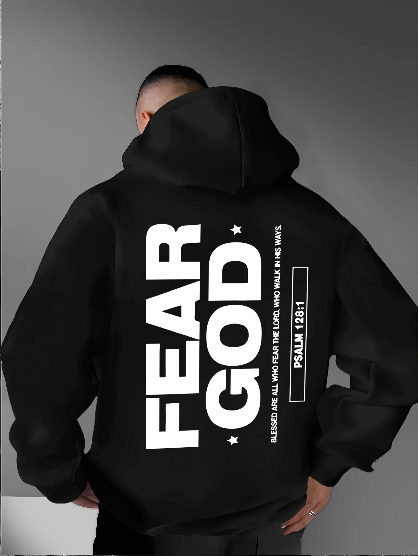 Mens' Religious Fear God Hoodie Hip Hop Sports Streetwear Bold Text Psalm 128:1 Scripture Print Casual Fleece Pullover Tops