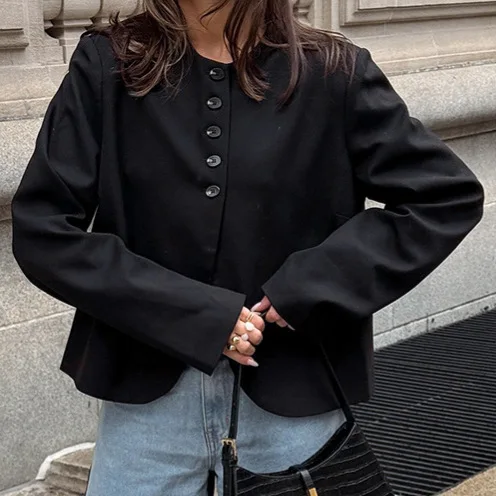 Black Round Neck Cropped Blazer Vertical Single Row Buttons Curved Hem Drop Shoulder Women Minimalist Casual Short Jacket 260602