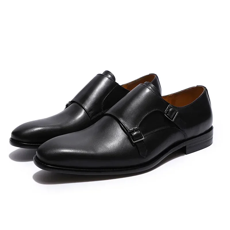 Handmade Genuine Leather Men\'s Oxfords Plain Toe Double Buckle Monk Strap Formal Classic Dress Shoes Size 6-13
