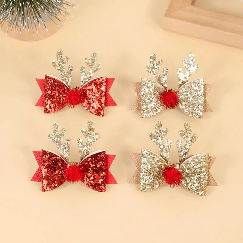 

2pcs Christmas Girls Hair Accessories Xmas Antler Bow Hair Clip Deer Horn Hairpin Baby Kids Headwear Gifts Christmas Decorations