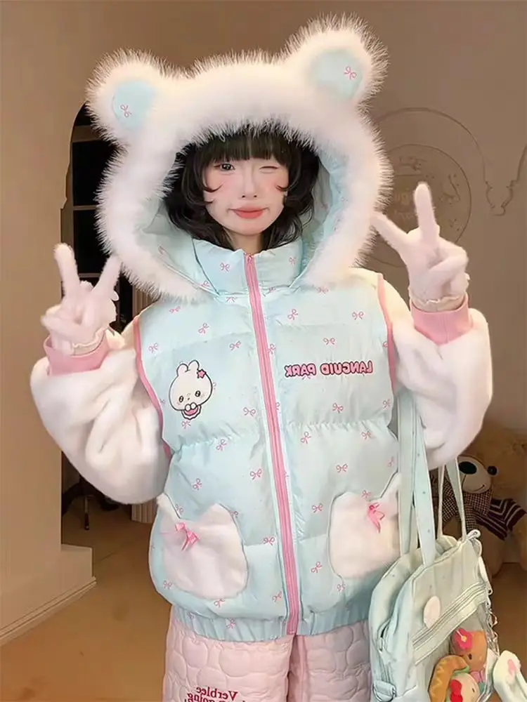 

Cute Thickened Winter Cotton Jacket Women's Coat with Hood Warm Plush Design Sweet Style Regular Fit Long Sleeve Zipper Closure