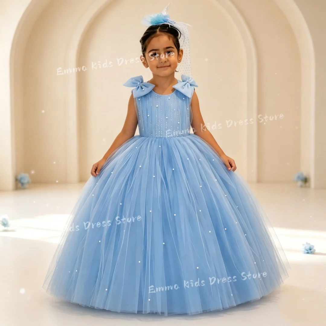 Customized Sky Blue Flower Girl Dresses  Tulle Pearls Bow Sleeveless Wedding For  Birthday Party Prom Banquet Ball Princess Gown