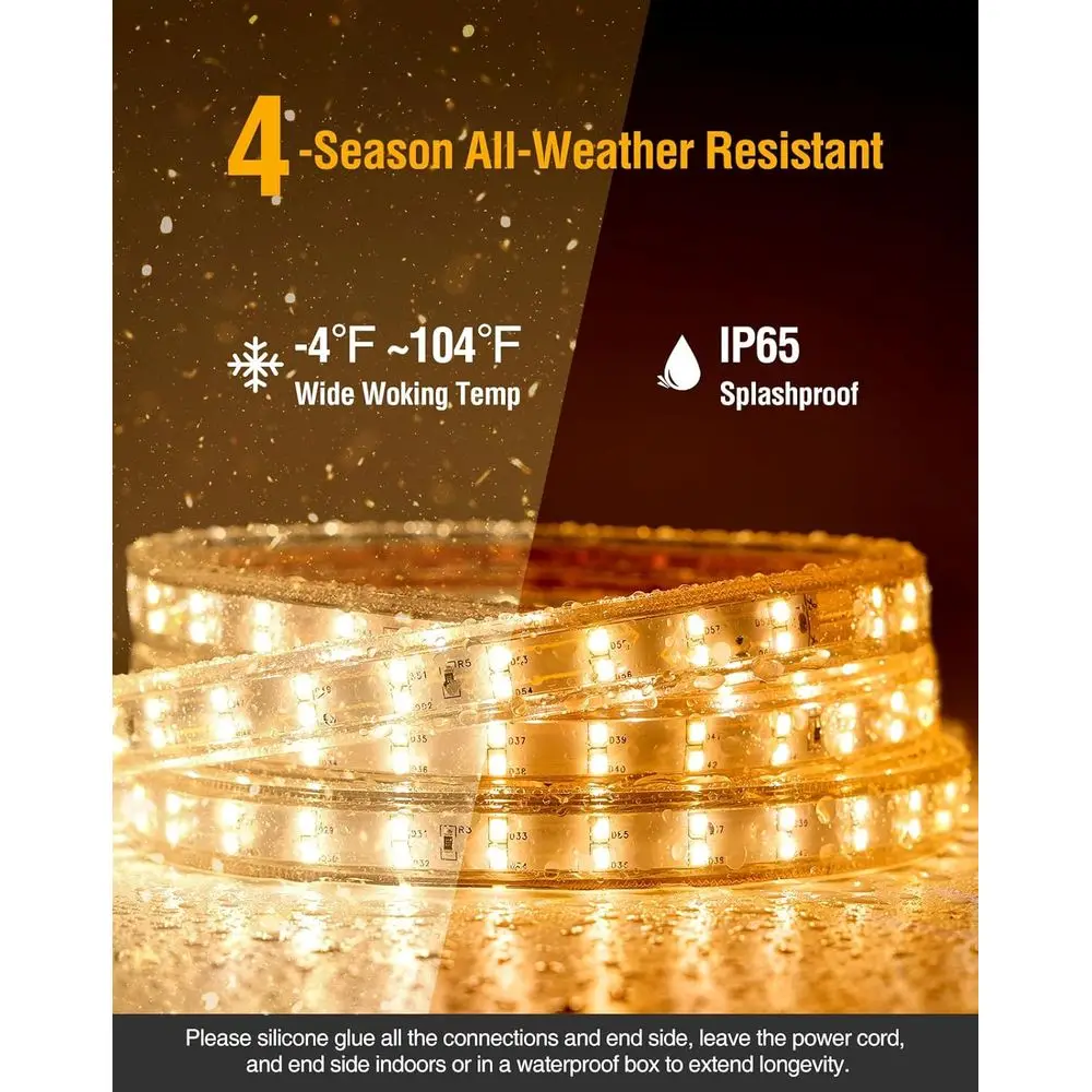 حبل إضاءة LED قابل للتوصيل مقاوم للماء 120 فولت، صف مزدوج، 65 قدم، أبيض دافئ، 7 × 17 مم للإضاءة المميزة #4