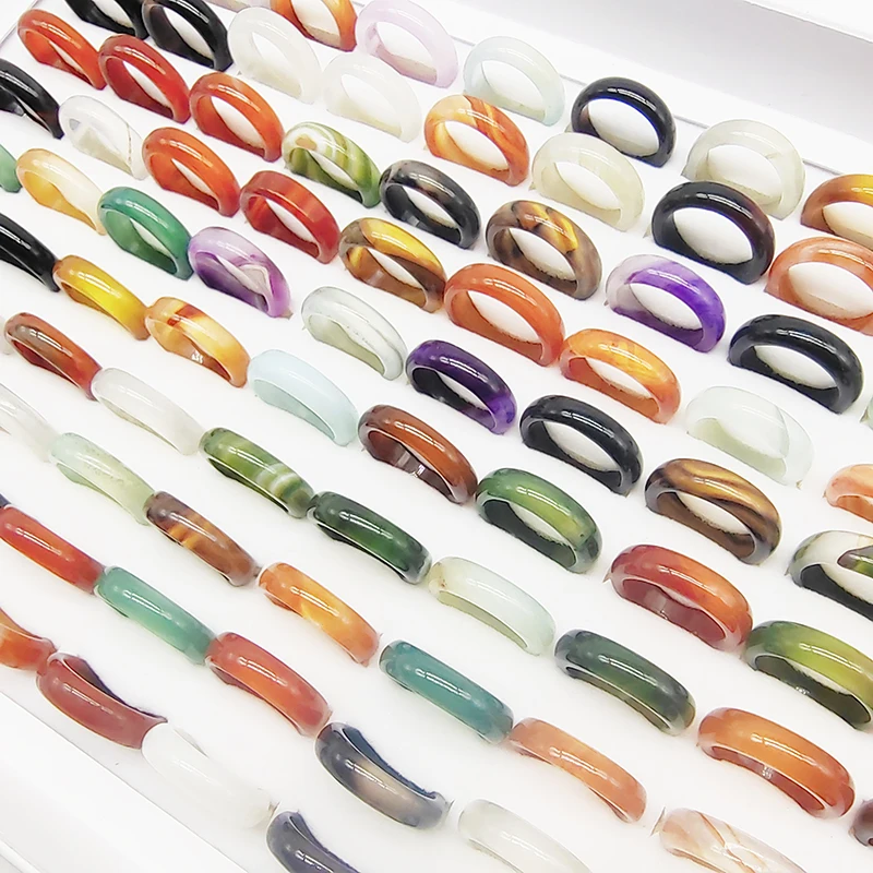 20pcs/50pcs/Lot Wholesale New Natural Veins Agate Stone Finger Rings for Women Hot Mix Colors Jewelry Fashion Wedding Joint Ring