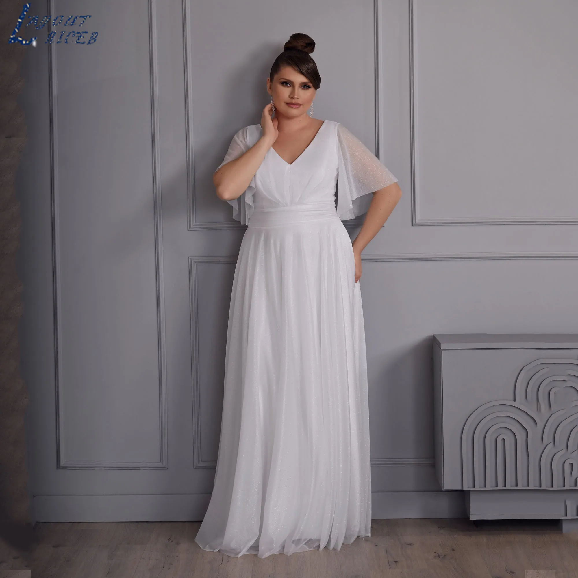 LAYOUT NICEB Plus Size Wedding Gowns V-Neck Batwing Sleeve Tulle Simple Bride Dresses Floor Length vestidos de novia Customized