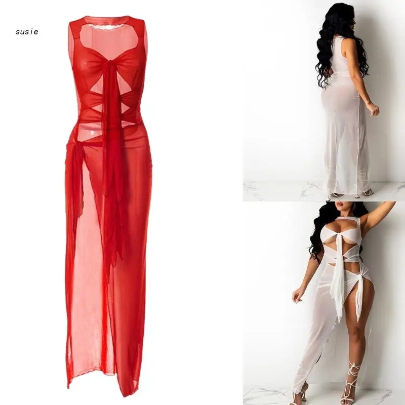 Womens Swimsuit Cover Up Sheer Mesh Sleeveless Cut Out Tie-Knot Split Long Dress