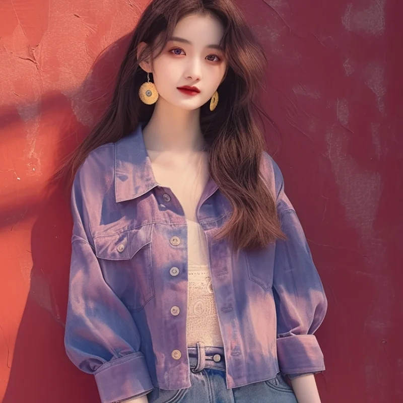 Unikalny, wczesnojesienny, fioletowy płaszcz dżinsowy damski o luźnym kroju, w stylu koreańskim, swobodny, modny wiatrówka, stylowa odzież wierzchnia.
