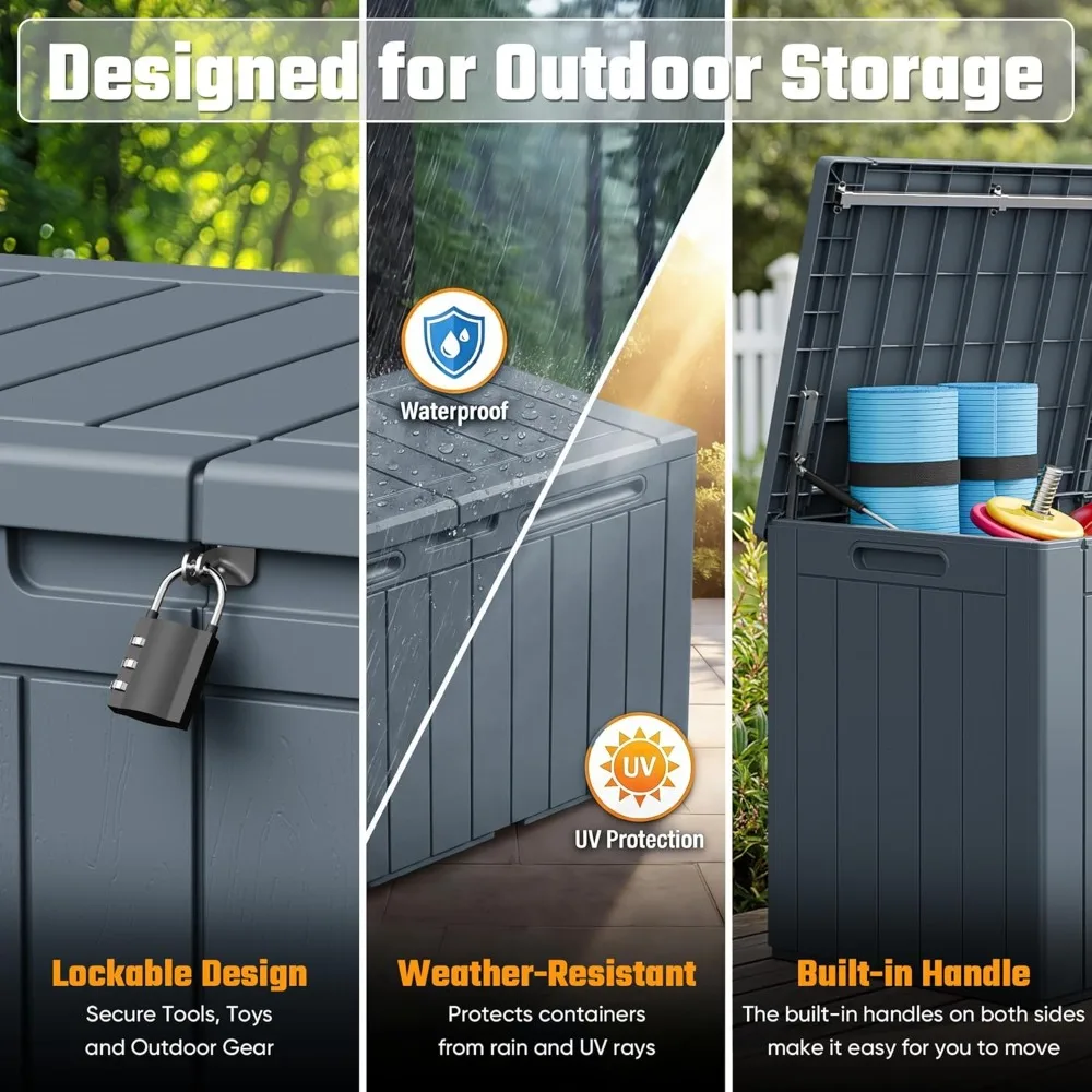 110 Gallon Outdoor Storage Box with Lockable Lid, All-Weather Waterproof Deck Box for Patio Furniture, Pool Supplies & Garden Tools, UV-Resistant, Gray view 2