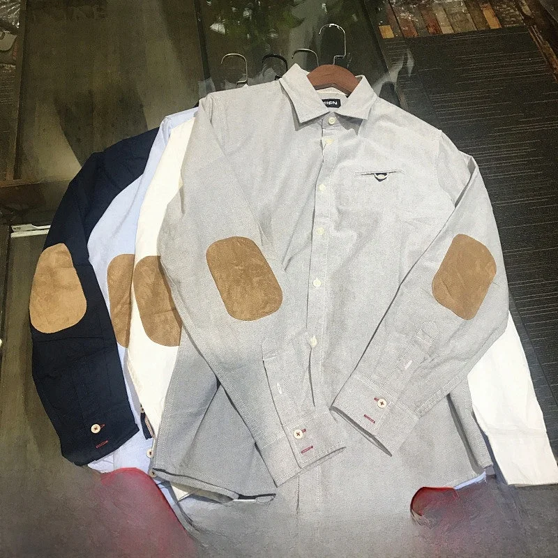 

Classic Men's Long Sleeve Shirt Fashionable Urban Style Standard Fit Color Woven Suede Elbow Patch Trim Warm Casual Wind...