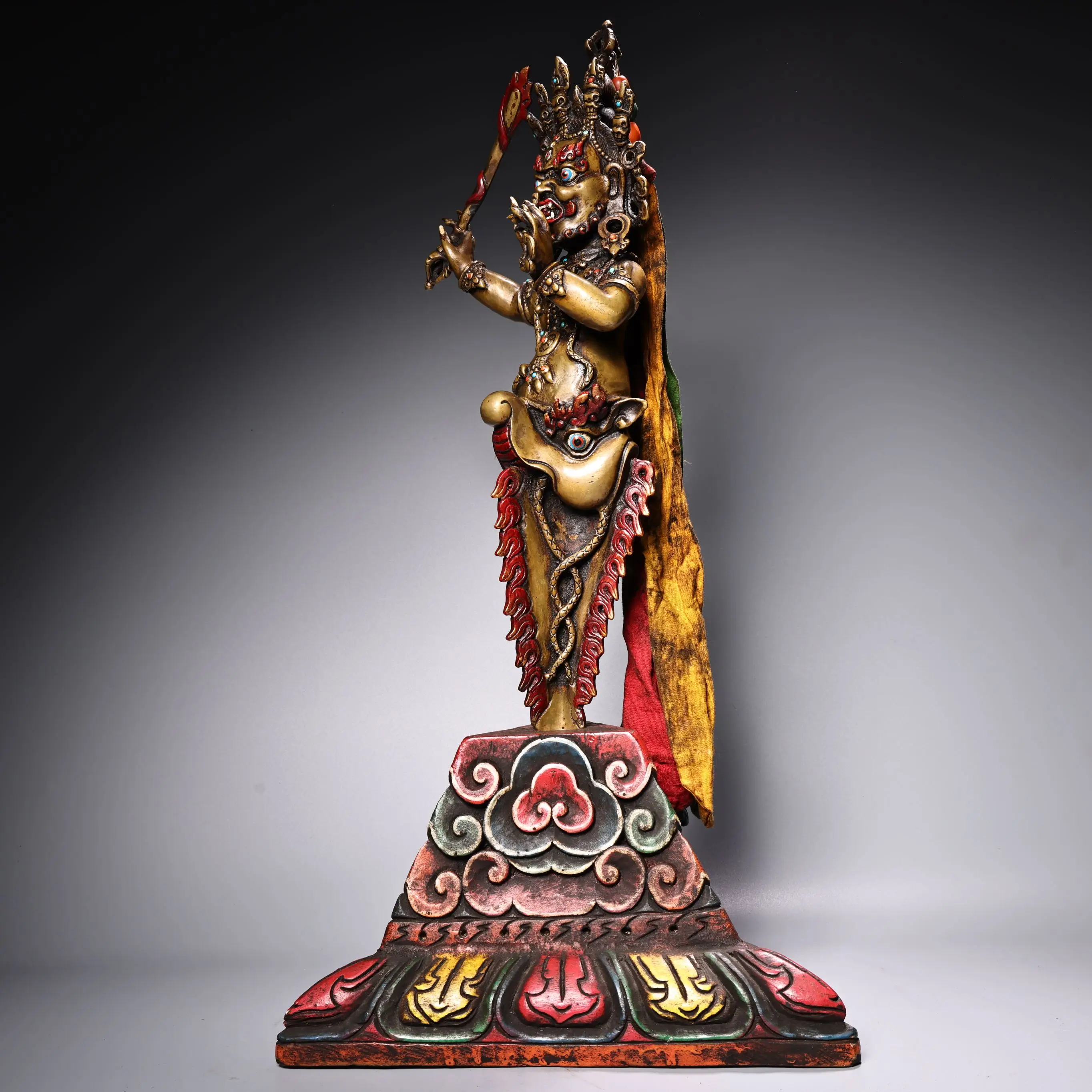 

22"Nepalese temples Old Bronze Cinnabar High Relief Palden Lhamo Mahakala Buddha Vajra Phurpa Amulet Base Worship Hall