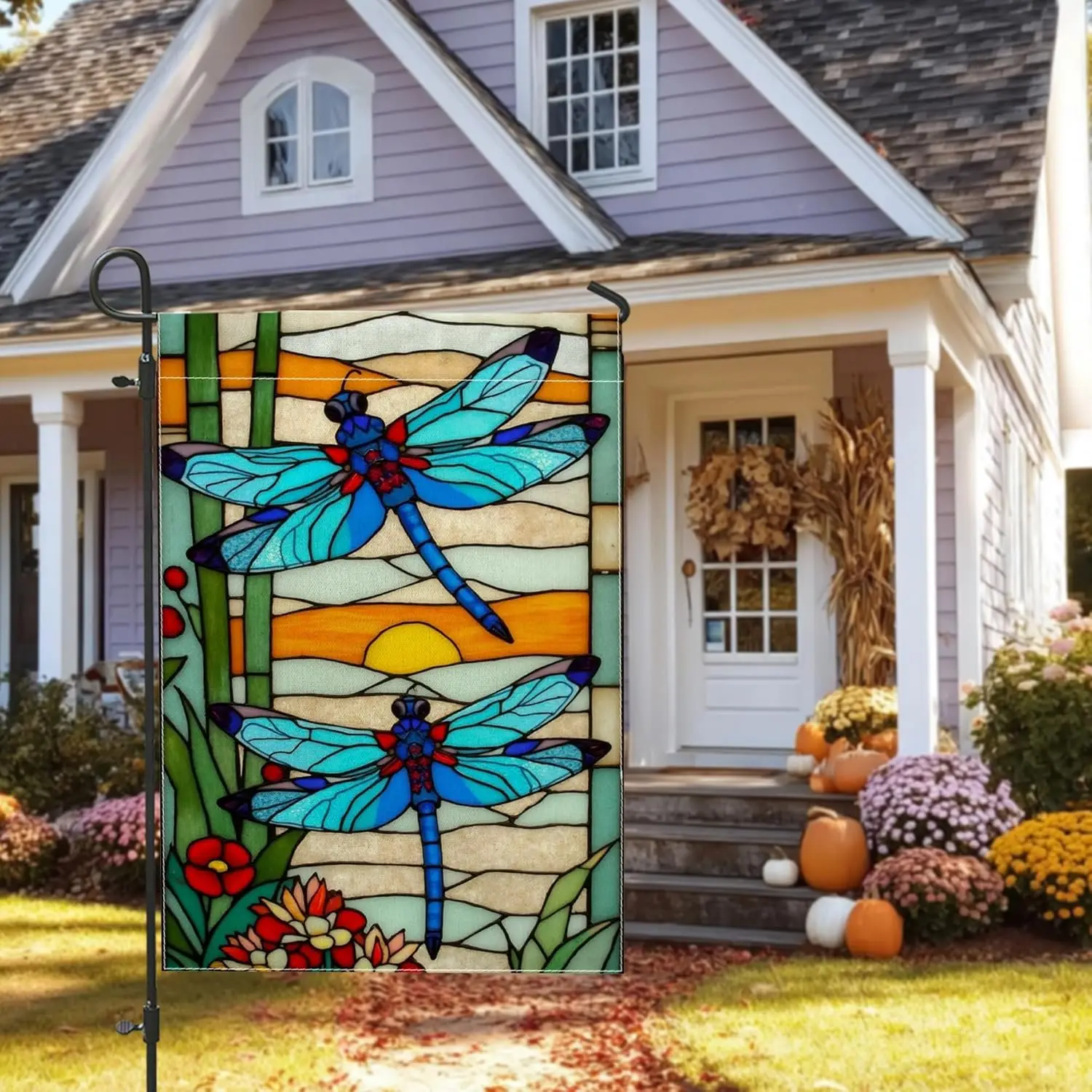 Blue Dragonfly Garden Flag, Colorful Stained Glass Home Decor Banner, Double Sided Outdoor Lawn Decoration for Spring Summer yyi
