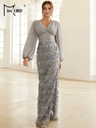 Missord Grey Guest Wedding Party Dress Elegant Women Lantern Sleeves V Neck Sequin Thigh Split Prom Dresses Long Evening Gown