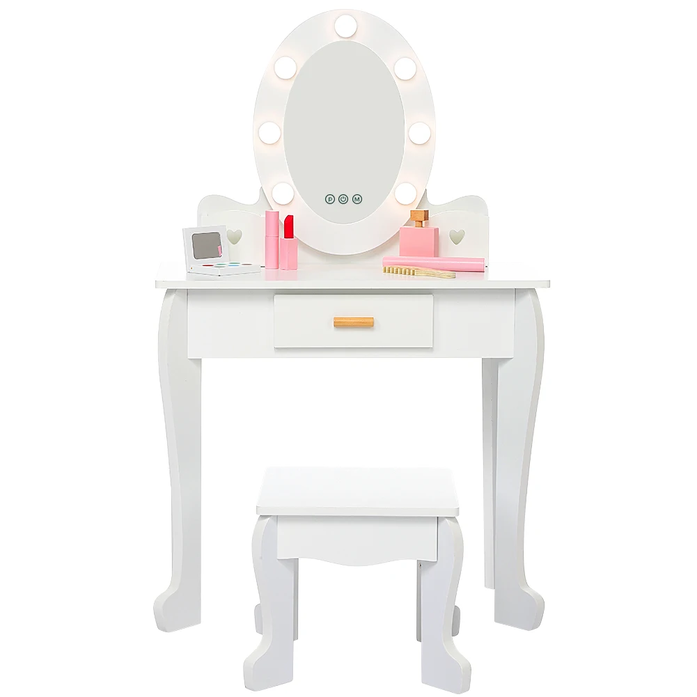 Table and Chair Set,  Makeup Dressing Table with Lights & Wood Makeup Playset, Vanity Set with Mirror & Drawer for Girl