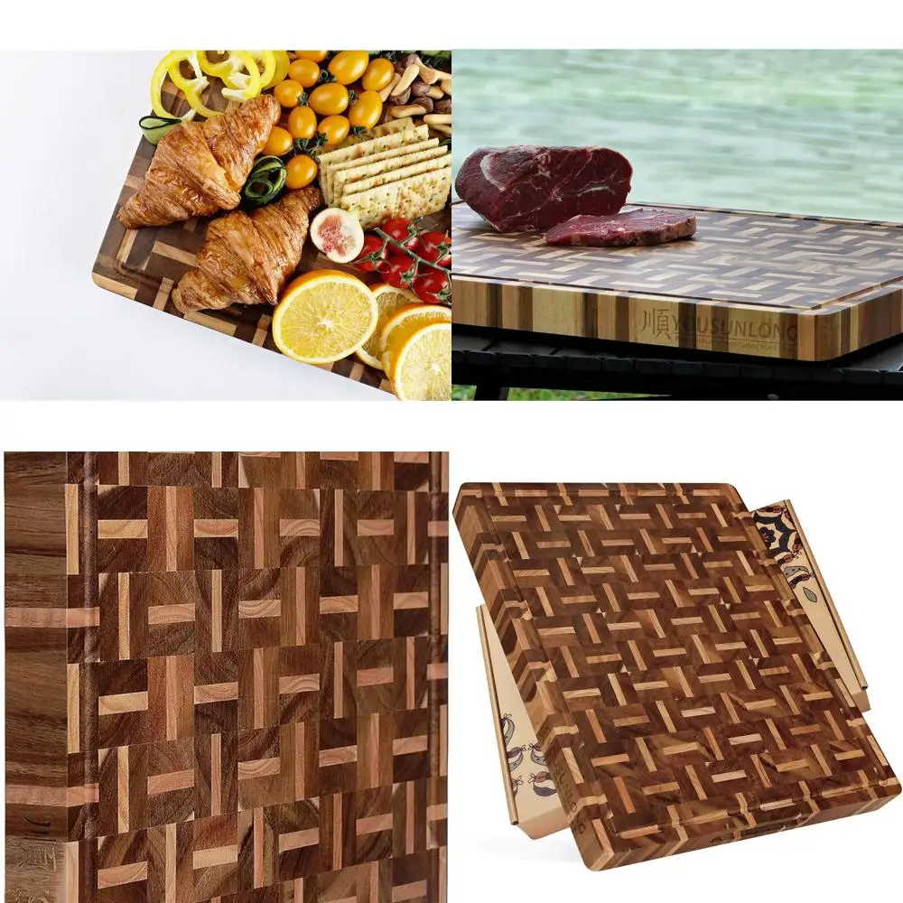 

Разделочная доска из акации и дуба с канавками для сока, 20 x 16, встроенная ручка, использование для барбекю и варочной панели.