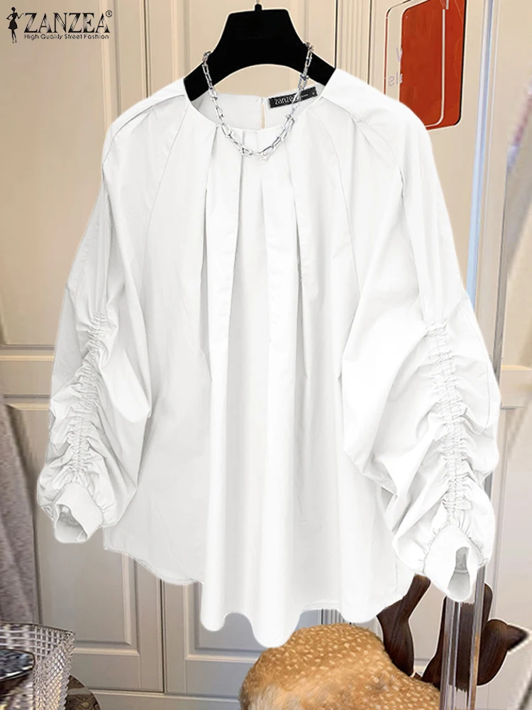ZANZEA Dames Tunieken met lange lantaarnmouwen Mode Effen kleur Blouse Casual losse plooiende tops Vakantie O-hals Lichtgewicht shirts