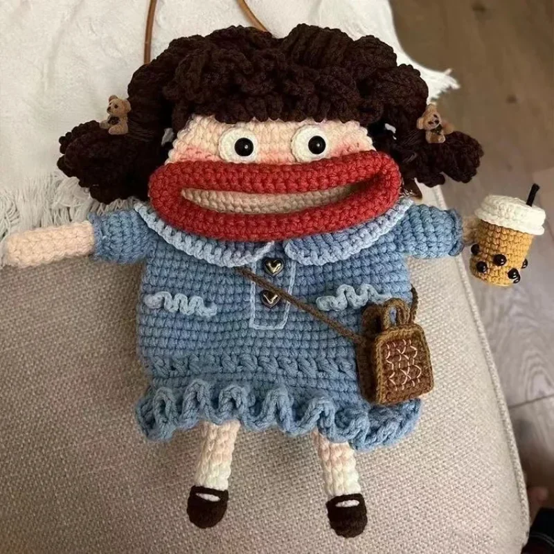 No-finished Product Lollipop Sweet Girl Sausage Mouth Mobile Phone Handmade DIY Crochet Cute Big Bag Ugly Doll Woolen Crossbody