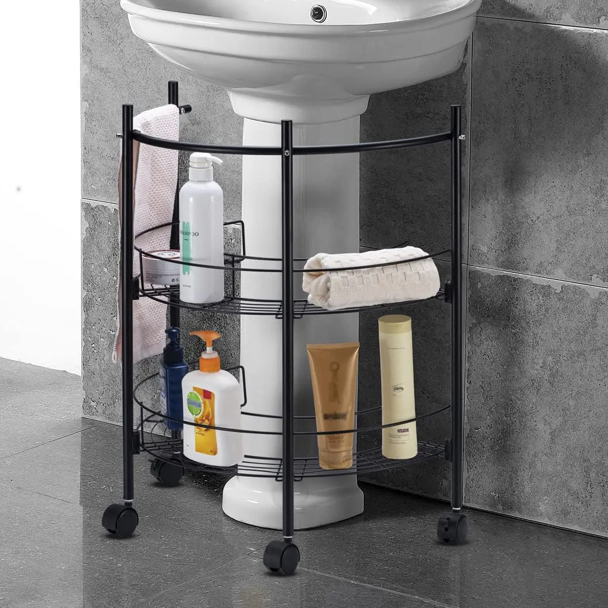 

L&H Unico Pedestal under the Sink Rack with 2 Storage Shelves Metal Bathroom Organizer with Wheels and Towel Holder, Black