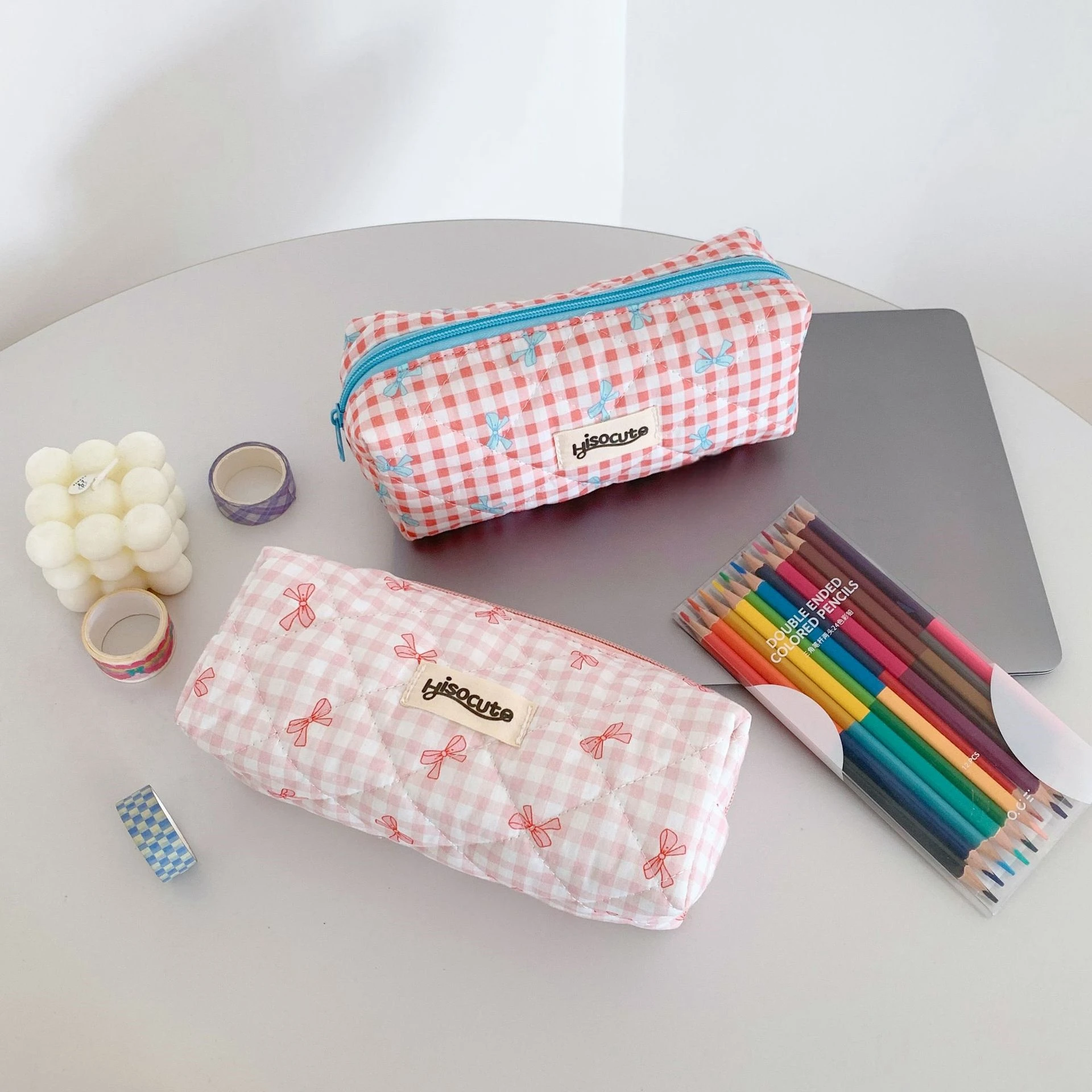 Bowknot & Plaid Pencil Bag Pen Case Cream Color Diamond Stitching So Cute Storage Pouch for Stationery School Girl Gift F7838