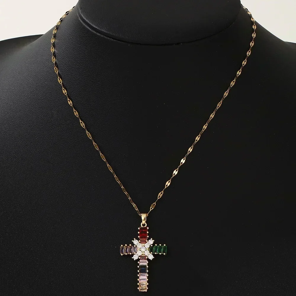 High-End European And American Fashion, Simple And Versatile Colorful Zircon Christmas Cross Series Necklaces For Men And Women