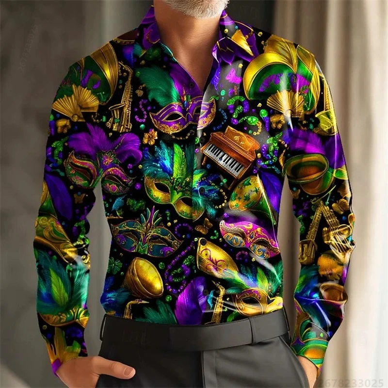 Men's Carnival Peacock Feather Striped Print Long-Sleeve Shirt, Fashionable Casual Vacation Loose Lapel Men's Top, Sizes XS-6XL
