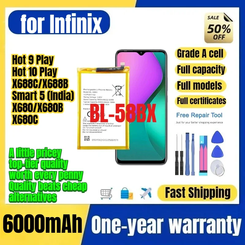 BL-58BX for Tecno Infinix Hot 9 Play/Hot 10 PlayX688C/X688B/Smart 5 (India)/X680/X680B/X680C Phone Battery Replacement Bateria