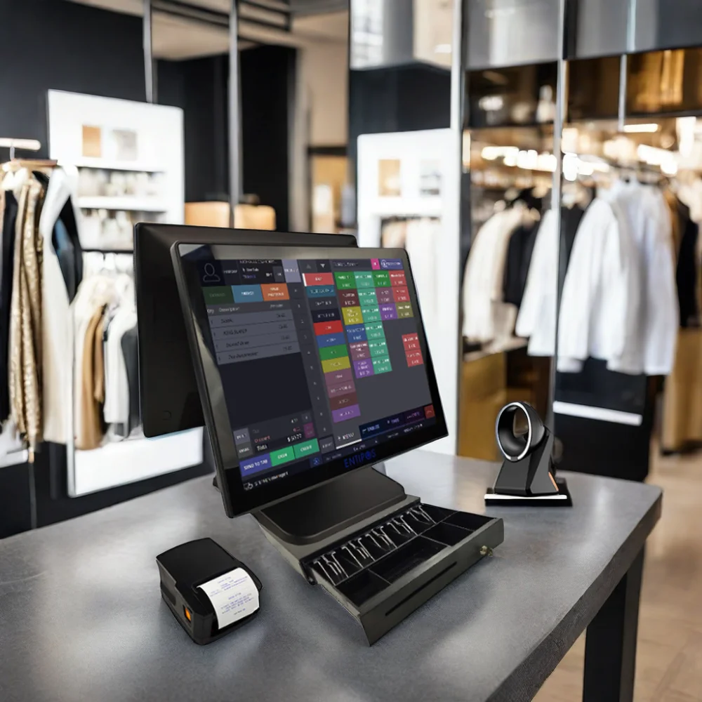 Yingdi S330 نظام POS ذو وجهين مع شاشة لمس 15 بوصة 80 مم طابعة حرارية 2G/4G ذاكرة Windows OS لمتاجر الملابس