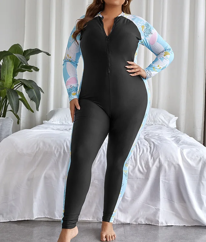

Oversize Swimwear Women 2025 Long Sleeve Zipper Floral Print Patchwork One Piece Swimsuit Large Size Beach Surf Bathing Suits