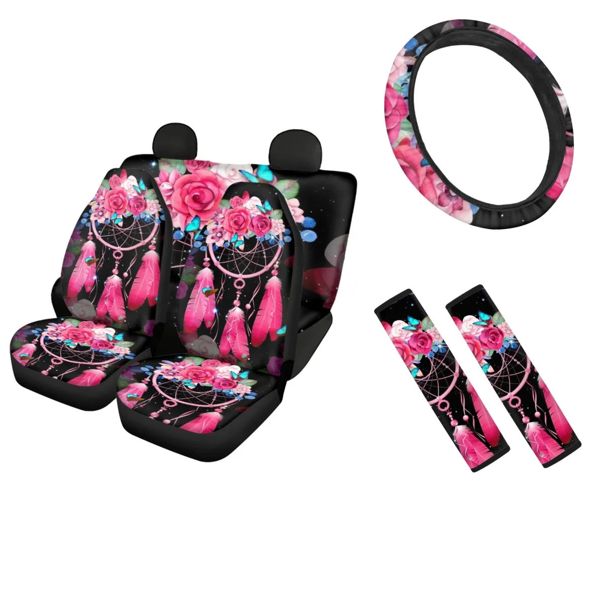 

Dream Catcher Universal Seat Covers for Car Full Set Vehicle Seat Protector Seat Belt Sets Cover Breathable Steering Wheel Cover