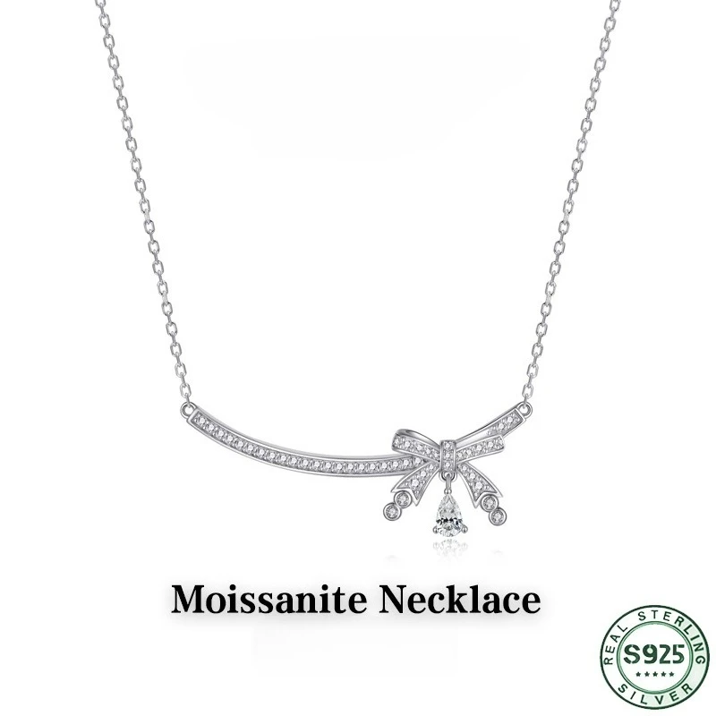Hot selling smiling face bow necklace for women S925 pure silver moissanite diamond pendant necklace, wedding jewelry