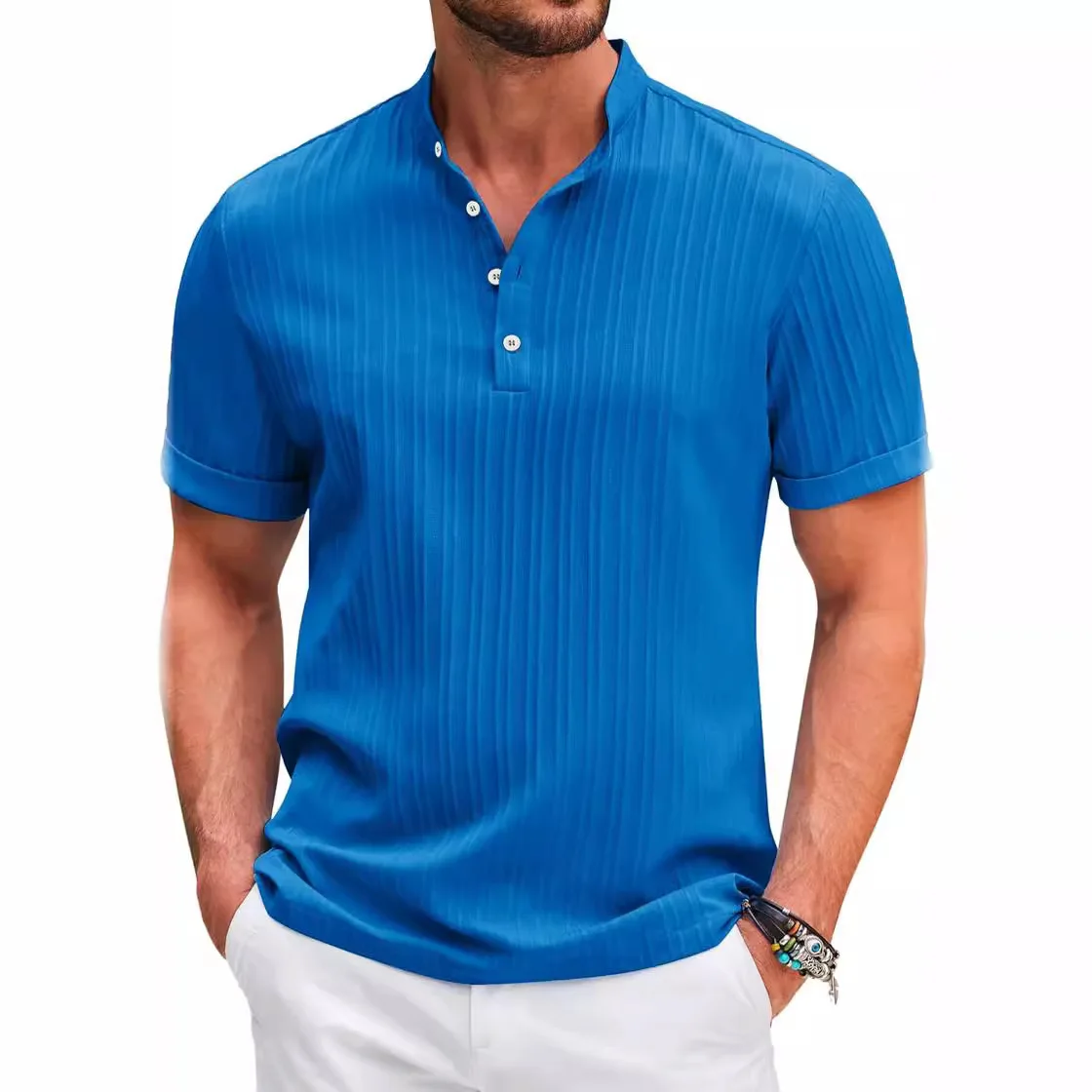 2024 Grensoverschrijdende Amazone Wenst Nieuwe Heren Golfgestreept Henry Shirt Mode Casual Strand Losse Shirt Top